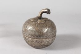 A BRUNEI BORNEO MALAY ENGRAVED SILVER APPLE SHAPED LIDDED BOX, signed to stalk, 14cm high, 12cm