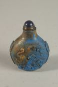 A VERY FINE 19TH CENTURY CHINESE CARVED LAPIS SNUFF BOTTLE, with carved character mark, 8cm high.