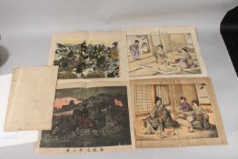 BATTLE SCENES, LADIES ETIQUETTE, & OTHERS: eight original late 19th century Japanese woodblock