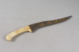 A LARGE INDIAN BONE HILTED GOLD INLAID WATERED STEEL DAGGER, 42cm long.