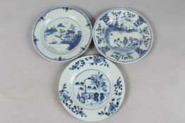 THREE CHINESE BLUE AND WHITE PORCELAIN PLATES, painted with various designs, each 22.5cm
