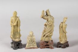 A COLLECTION OF FOUR CHINESE CARVED GREEN SOAPSTONE FIGURES, tallest 15.5cm high, (4).