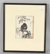 A JAPANESE WOODBLOCK PRINT, depicting a bird on a branch, framed and glazed.