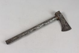 A FINE 18TH-19TH CENTURY INDO PERSIAN SILVER INLAID AXE, 35.5cm long.