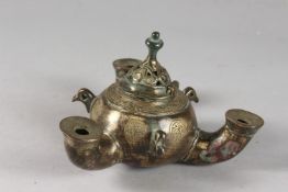 A RARE AND UNUSUAL 12TH-13TH CENTURY PERSIAN SELJUK BRONZE TRIPLE SPOUTED OIL LAMP, with bird head