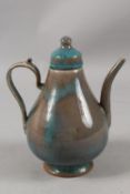A CHINESE 'ROBIN'S EGG' GLAZE POTTERY TEAPOT, 22cm high.
