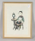 A CHINESE PAINTING ON PAPER, depicting a seated figure next to a table with clock and opium pipe