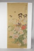 A LARGE CHINESE PAINTING ON SILK, depicting two female figures amongst flora and butterflies,