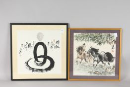 A CHINESE PAINTING ON PAPER DEPICTING HORSES, together with a calligraphy picture on paper, each