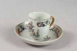A VERY FINE 18TH-19TH CENTURY CHINESE EXPORT POLYCHROME PORCELAIN TEACUP AND SAUCER, finely