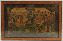 A 19TH CENTURY PERSIAN QAJAR PAINTED AND LACQUERED PAPIER MACHE PANEL, depicting the story of Khosru