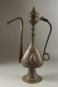 A VERY FINE AND LARGE 19TH CENTURY SYRIAN DAMASCUS SILVER AND COPPER INLAID BRASS EWER, with