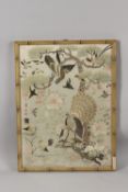A FINE 18TH-19TH CENTURY CHINESE EMBROIDERED SILK PICTURE, with a central peacock and other