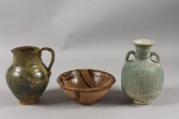 THREE PIECES OF SYRIAN RAQQA POTTERY; vase, bowl and ewer, (3).