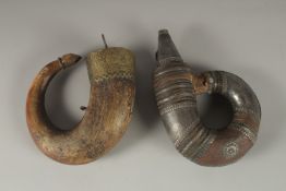 TWO 18TH CENTURY POWDER FLASKS, to include a silver mounted Arab powder flask - possibly from Yemen,
