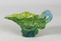 A LIULI GONG FANG GLASS DRAGON CUP, inscribed to the base, serial no. 1067/1200, 17cm long.