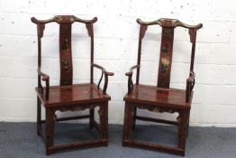 A PAIR OF CHINESE RED, BLACK, AND GILT LACQUER ARMCHAIRS, decorated with landscape panels,