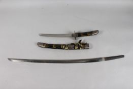 A JAPANESE BLACK AND GILT LACQUER TANTO, with engraved metal mounts, together with a katana