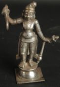 A FINE 18TH CENTURY SOUTH INDIAN SILVERED BRONZE FIGURE OF A MALE DEITY, 14cm high.
