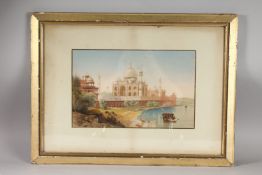 A FINE 19TH CENTURY INDIAN PICTURE DEPCITING THE TAJ MAHAL and surrounding landscape, framed and