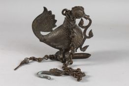 A FINE 19TH CENTURY SOUTH INDIAN DECCANI BRONZE HAMSA BIRD HANGING OIL LAMP.