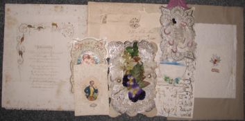 VALENTINES, small collection, one with envelope (stamp removed) dated 1856; one glued to album