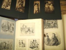 An album of wood engravings of Victorian and Pre-Raphaelite subjects, a postcard album of similar
