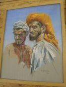 OMAN, pastel portrait of two Omani men at Rustaq, 1976, framed.