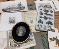[PRINTS] incl. oval stipple engraving of Captain Cook in verre eglomise frame; topographical,