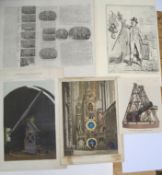 PRINTS, 2 prints of telescopes; a reproduction satirical print, & 2 other prints (5).
