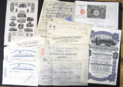 A collection of scripophily, share certificates, insurance documents, etc. (Q).