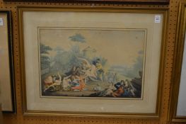Continental School, elegant figures disporting on a seesaw, watercolour.