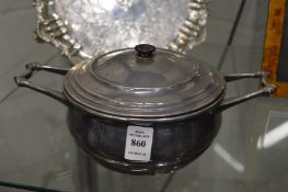 W A S Benson, a silver plated twin handled bowl and cover.