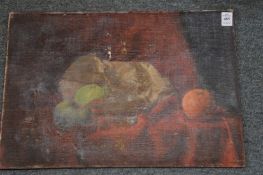 George Weissbort, still life of fruit on a red cloth, oil on board, unframed.