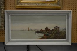 A quiet backwater with ruined buildings and sailing boats, oil on canvas.