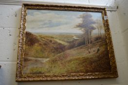 Figures with a dog on a hillside overlooking a valley, oil on canvas.