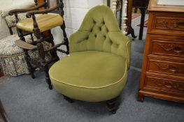 A Victorian green draylon upholstered button back nursing or bedroom chair.