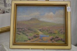 A Scottish landscape with heather and a stream, oil on canvas.