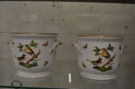 A pair of Herend cachepots in Rothschilds Bird pattern, 14.5cm high.