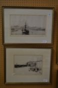 Harold Wyllie, a sailing ship and fishing boat in a harbour, engraving, pencil signed together