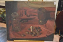 George Weissbort, still life of chestnuts and other items, oil on board, unframed.