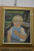 Head and shoulders portrait of a child with blond hair, oil on canvas.