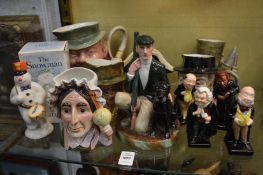 Royal Doulton and other character jugs, The Snowman, Dickens characters etc.
