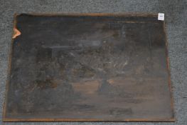 George Weissbort, figures seated around a camp fire, oil on board, unframed.