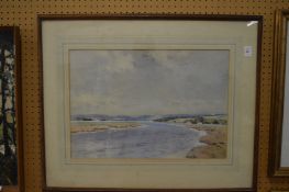 Circle of Warren Williams, an estuary scene with white wash cottages, watercolour.