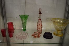 Decorative glassware to include pedestal bowls, vases, decanter etc (some damage).