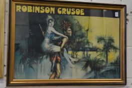 A colour poster depicting Robinson Crusoe.