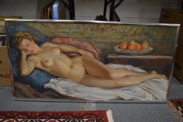 Reclining female nude, oil on canvas together with a pair of decorative prints.