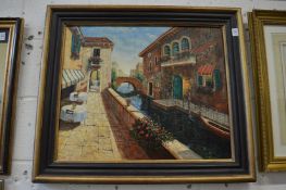 Venetian backwater with terraces, arched bridge and flowers, oil on board.