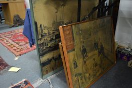 Four decorative paintings and prints.